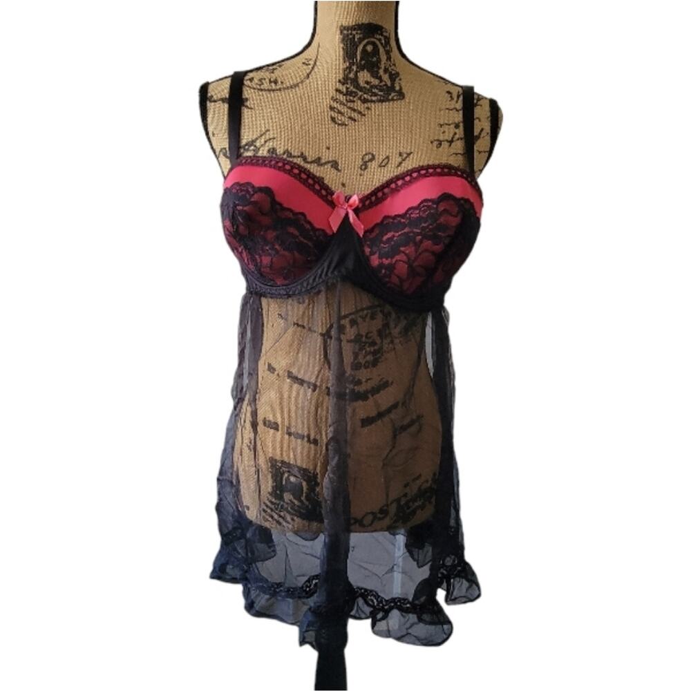 2X Black Fuscia sheer nighty lingerie, hot pink & black with lacey cups